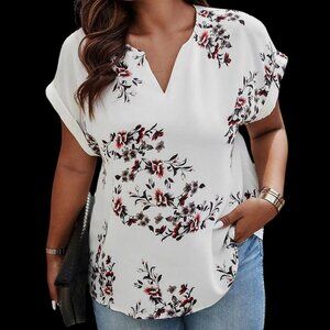 Plus Size V Neck Floral Printed Blouse Sh Sleeve White Burgundy Flowers OXL-4XL